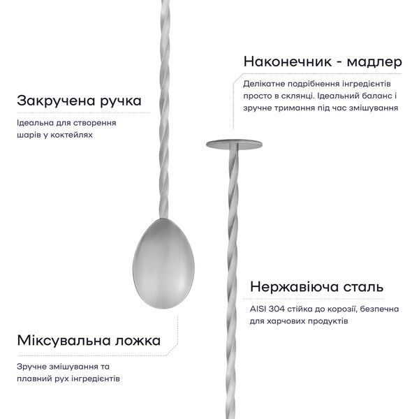 Барная ложка 27 см с мадлером Серебристая 45023-BS-27cm-t-s фото