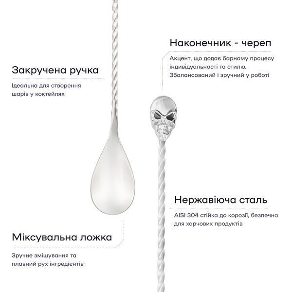 Барная ложка 33 см с черепом Серебристая 24213-BS-33cm-t-s фото