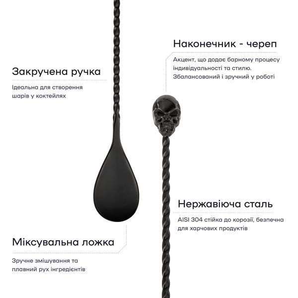 Барная ложка 33 см с черепом Черная 86241-BS-33cm-t-b фото
